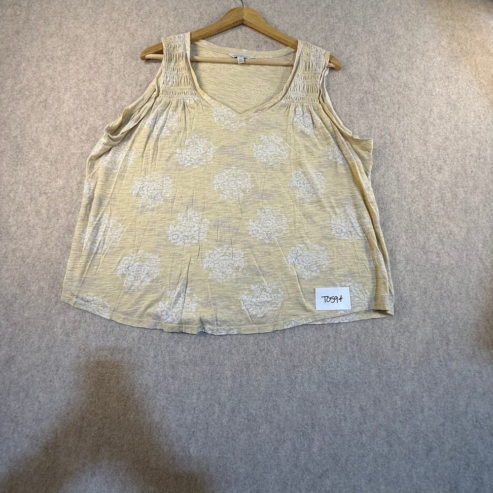 Lucky Brand Womens Yellow Floral Damask Smocked V-Neck Cold Shoulder Tank Top L